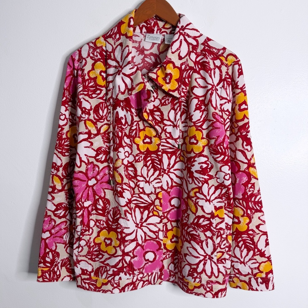 Chico’s Zenergy Floral Print Jacket Pocket Pink White Large Chico’s‎ 2 Groovy